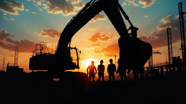 Silhouettes of construction workers and heavy machinery against a bright sunrise sky. 4k video