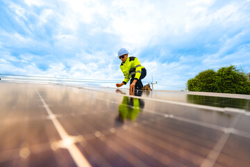 engineer man inspects construction of solar cell panel or photovoltaic cell by electronic device....