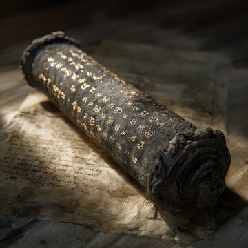 A scroll with gold letters on it is laying on a piece of paper