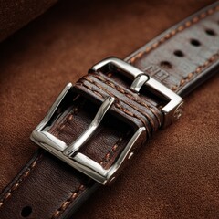 A brown leather strap with a silver buckle