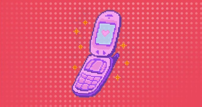 Halftone dots fading behind pixel art flip phone sparkles pulsing showcasing romance animation loop