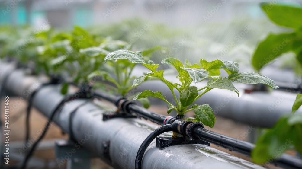 Poster medium view of hydroponic systems interconnected pipes and misting nozzles with soft background focu
