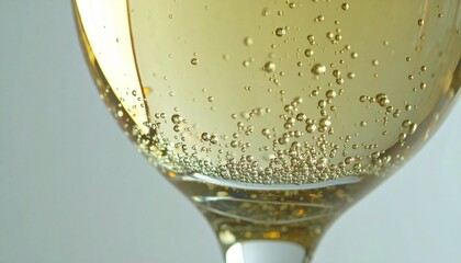 Close-up of a glass filled with sparkling champagne, showing bubbles rising to the surface.