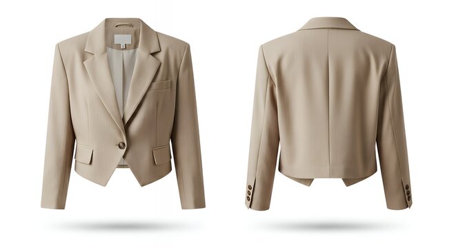 Elegant beige tailored women's blazer with structured design and sophisticated details perfect for professional or casual occasions