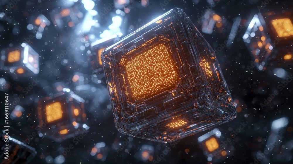 Aufkleber abstract digital artwork of glowing, futuristic cubes floating in space, with intricate patterns.