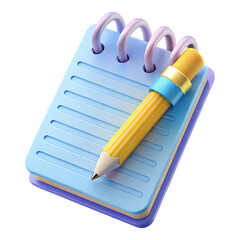 3d illustration of a blue notepad with a yellow pencil isolated on transparent background