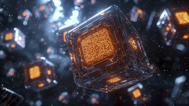 Abstract digital artwork of glowing, futuristic cubes floating in space, with intricate patterns.
