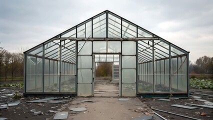 Derelict glass greenhouse under cloudy skies suitable for concepts like abandonment, decay, and environmental deterioration in design projects.