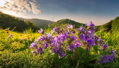 Naklejka premium a bouquet of purple flowers growing in a lush green meadow suitable for various uses such as greeting cards wallpapers or promotional materials