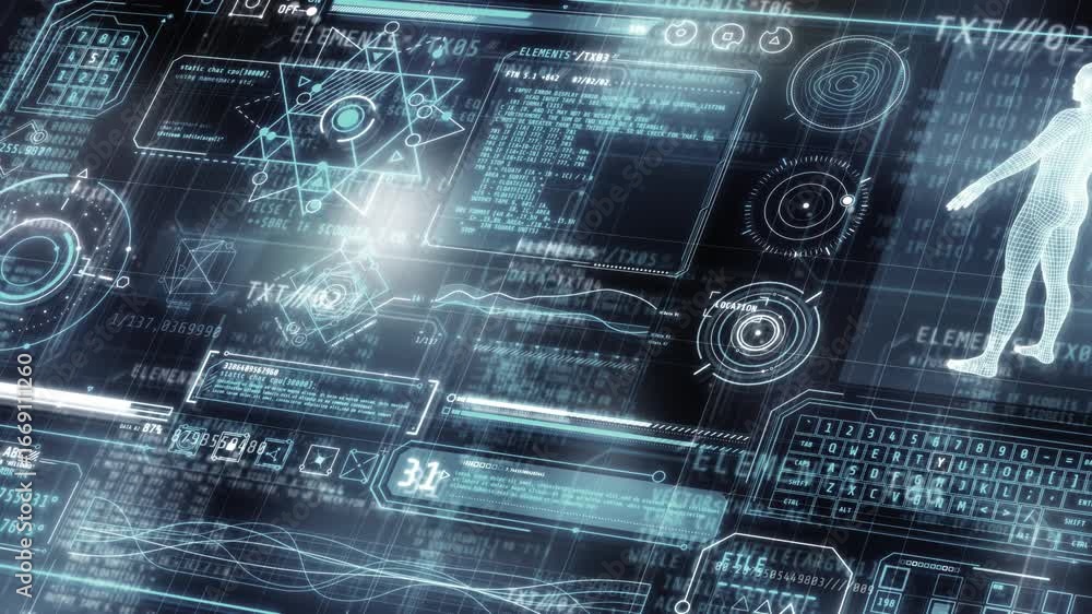 Poster futuristic interface showing human body scan and data analysis