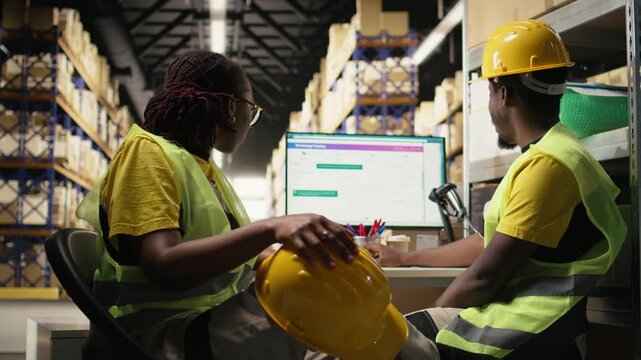 African american warehouse clerks monitors parcel status on package tracking software, managing e-commerce logistics and shipment route to update clients in real time. Order fulfillment. Camera A.