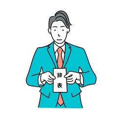 辞表を手に持つスーツ姿のビジネスマンの線画ベクター素材