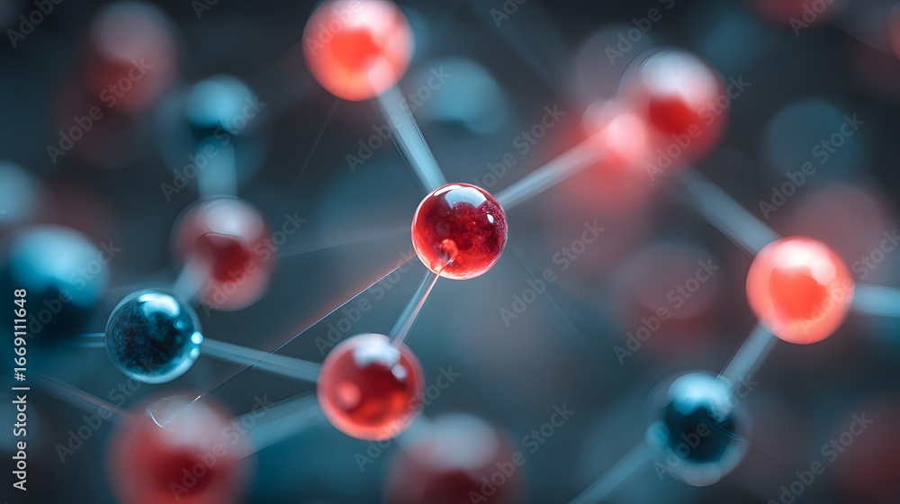 Poster a complex network of glowing red and blue spheres, interconnected by delicate lines, creates a capti