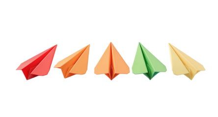 Colorful Paper Airplanes in a Row on White Background