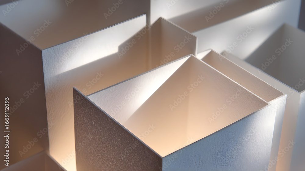 Poster interlocking white cubes create a captivating optical illusion, showcasing light and shadow interpla