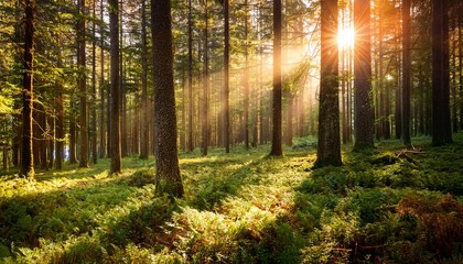 Obraz premium resplendent sunlight pours through towering trees in a vibrant forest domain