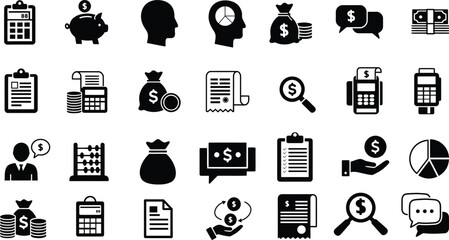 Accounting and Finance Icon Set – Calculator, Money Bag, Report, Payment, Budget, Analysis, Vector Clipart