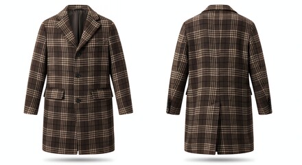 Elegant men's long plaid overcoat with tailored fit and classic notch collar suitable for autumn and winter styles