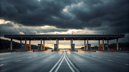 Highway toll booth with eerie clouds on wet road. Ideal for illustrating stormy weather, travel safety, transportation infrastructure concepts.