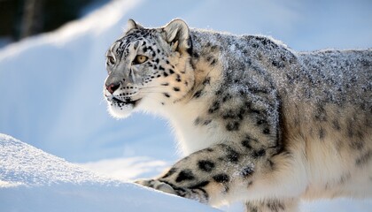 a close up live action shot of a snow leopard gracefully navigating a snowy terrain embodying the elegance of winter sports