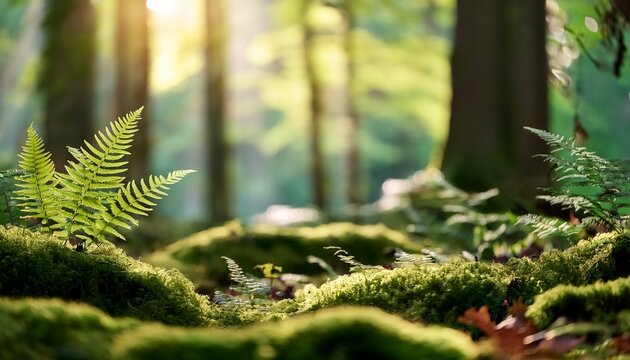 ferns and moss on a tranquil woodland floor with blurred background