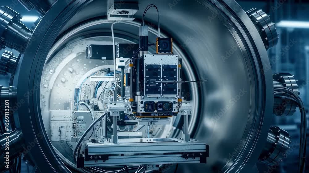 Poster image of a highvacuum test chamber used to verify the performance and resilience of weather satellit
