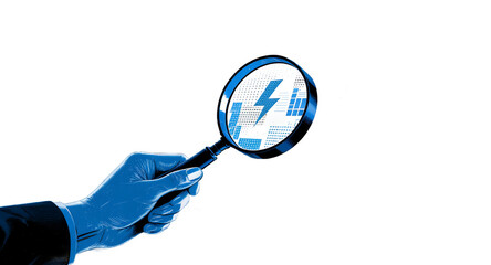 Cybersecurity, Data Breach, Hacking Concept Laptop with Magnifying Glass Examining Lightning Bolt Symbol