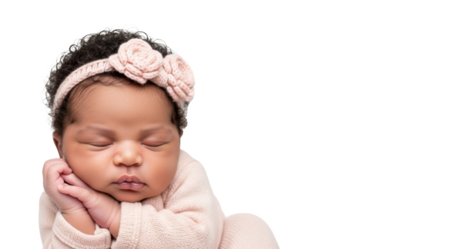 Sleeping newborn baby girl with headband cute infant baby photography baby pictures baby photoshoot ideas on transparent background - Powered by Adobe