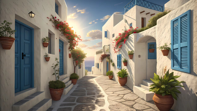 Fototapeta A narrow street in a greek village with white buildings and blue doors and flower pots on the walls
