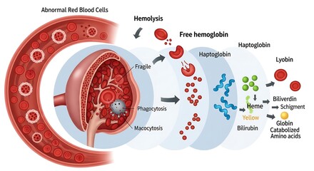 A detailed medical illustration of the biological pathway of hemolysis, showing the breakdown of abnormal red blood cells and hemoglobin catabolism