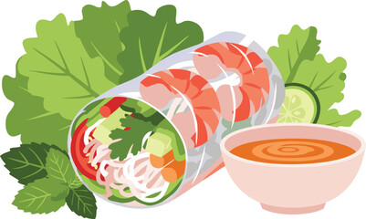 Vietnamese Spring Roll with Shrimp and Fresh Vegetables Illustration