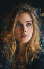 Young woman portrait, blonde hair, blue eyes.