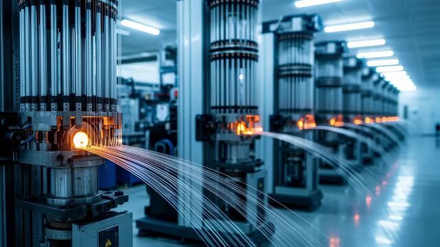 Row of fiberoptic cable drawing towers in a sterile industrial setting showing synchronized operation of multiple fiber manufacturing lines.