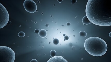 A digitally rendered illustration depicts numerous spheres of varying sizes in a dark gray background, suggestive of a microscopic or cellular structure.