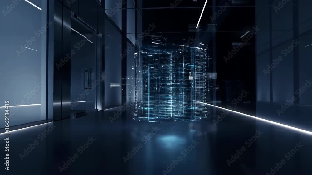 Poster holographic server rotating in modern data center