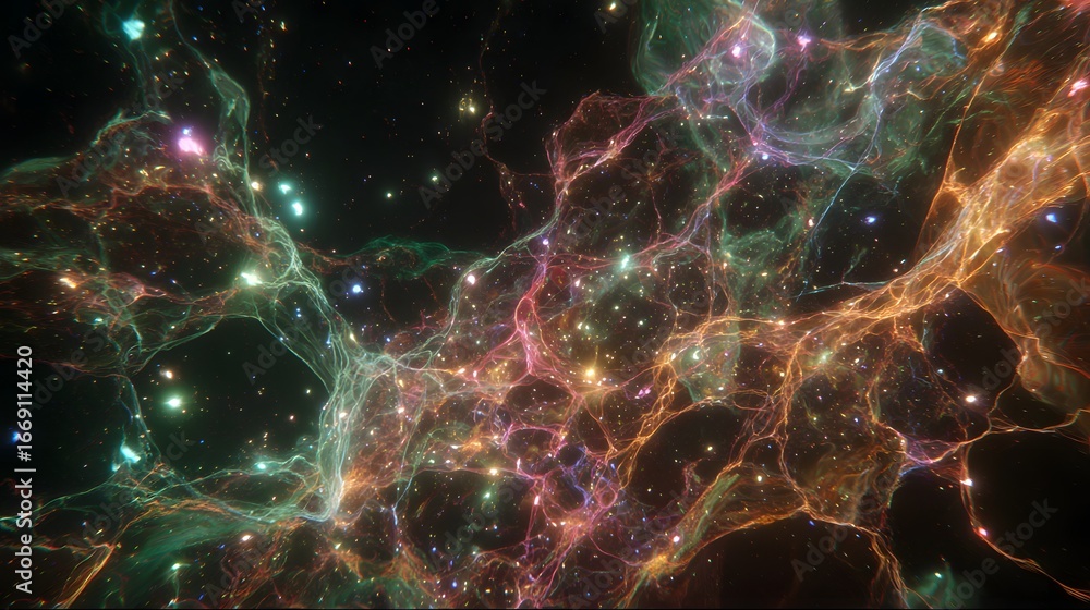 Poster a vibrant tapestry of glowing cosmic structures, showcasing intricate patterns and swirling hues aga