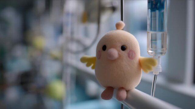 Close-up video of IV drip with cute plush toy hanging beside it in hospital ward, soft muted blue tones, medical healthcare background for pediatric care, wellness blogs and hospital presentations