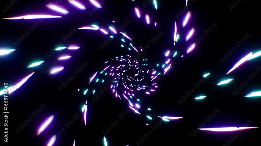 Poster neon glowing shards creating a vibrant swirling vortex tunnel on a dark background