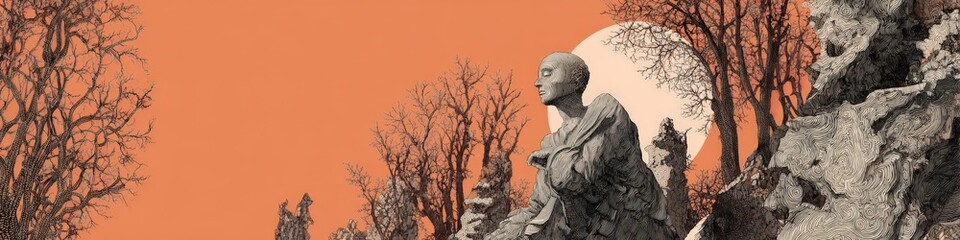 Serene statue in orange landscape