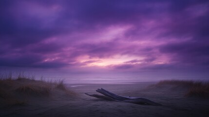 Serene sunset with purple sky over driftwood on misty beach with grass dunes