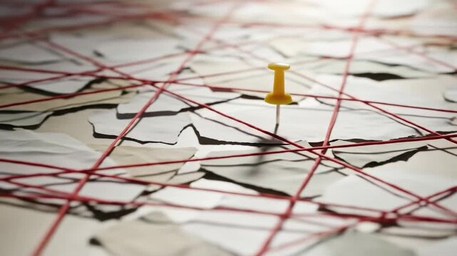 A close-up of a pushpin on a networked map with red threads.