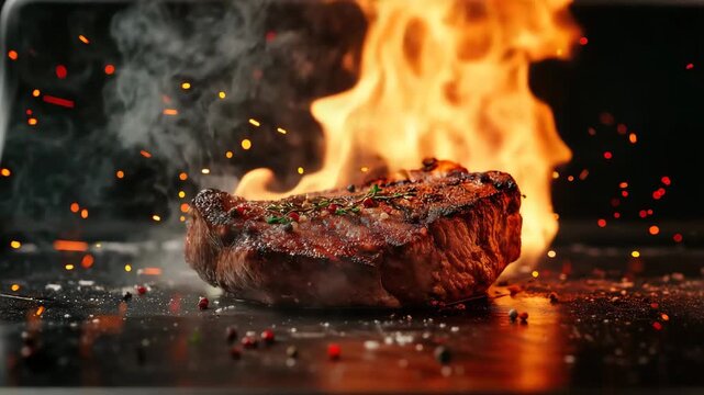 Juicy grilled steak cooking on hot flames with sparks flying, cinematic close-up video in warm orange tones, gourmet cuisine background for restaurant advertising, food branding, culinary video