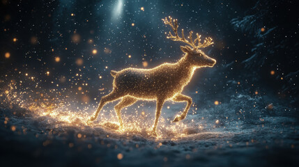 Magical glowing reindeer made of golden lights running through snowy forest at night, sparkling particles fly around. Enchanting festive Christmas Santa tracker atmosphere.