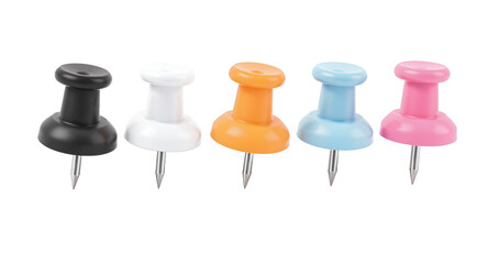 Five Colorful Push Pins on White Background
