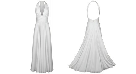 Elegant floor-length sleeveless evening gown with a deep V-neck and flowing pleated fabric for formal occasions and high-end events