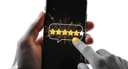 Five Star Rating on Mobile Phone Screen, Customer Review, Feedback, App