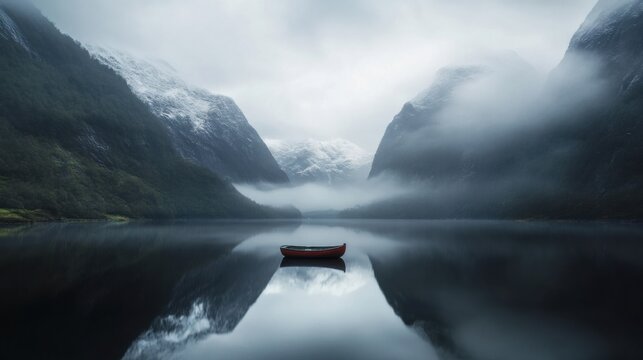 Tranquil red canoe on misty mountain lake in serene fjord landscape - Powered by Adobe