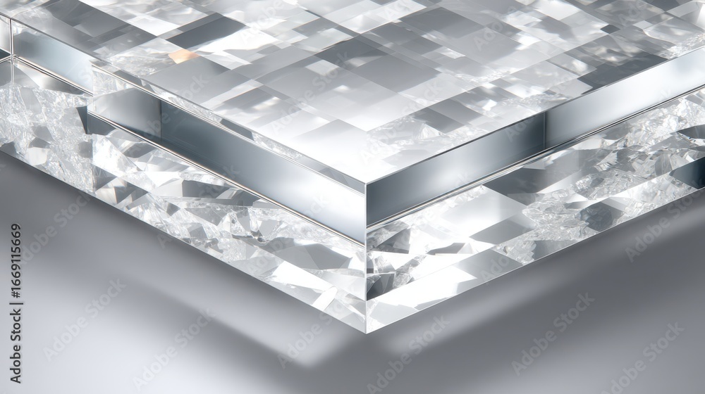 Poster detail shot of a transparent acrylic panel edge emphasizing precision cut and clarity with the outof