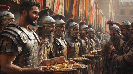 Roman soldiers are shown preparing food, possibly for a feast or celebration, in a historical setting.