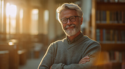 Portrait of senior man with beard in library wearing glasses smiling